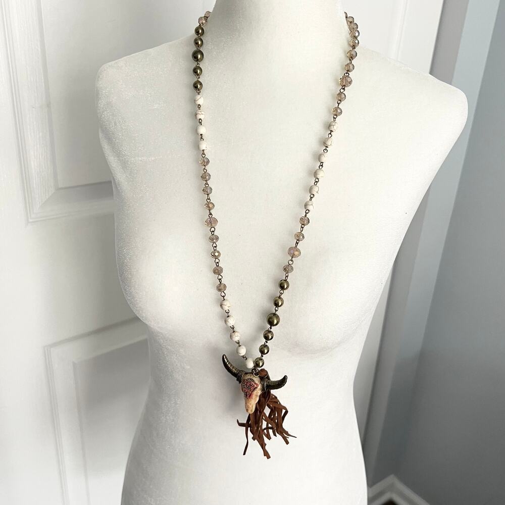 Shyanne Cattle Steer Pendant Beaded Tassel Fringe Long Necklace